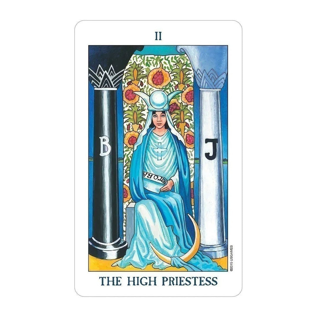 The High Priestess card from the Radiant Rider-Waite in a Tin tarot deck