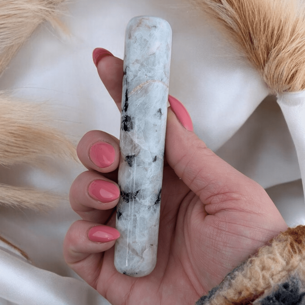 Polished Rainbow Moonstone wand for clearing negative energy