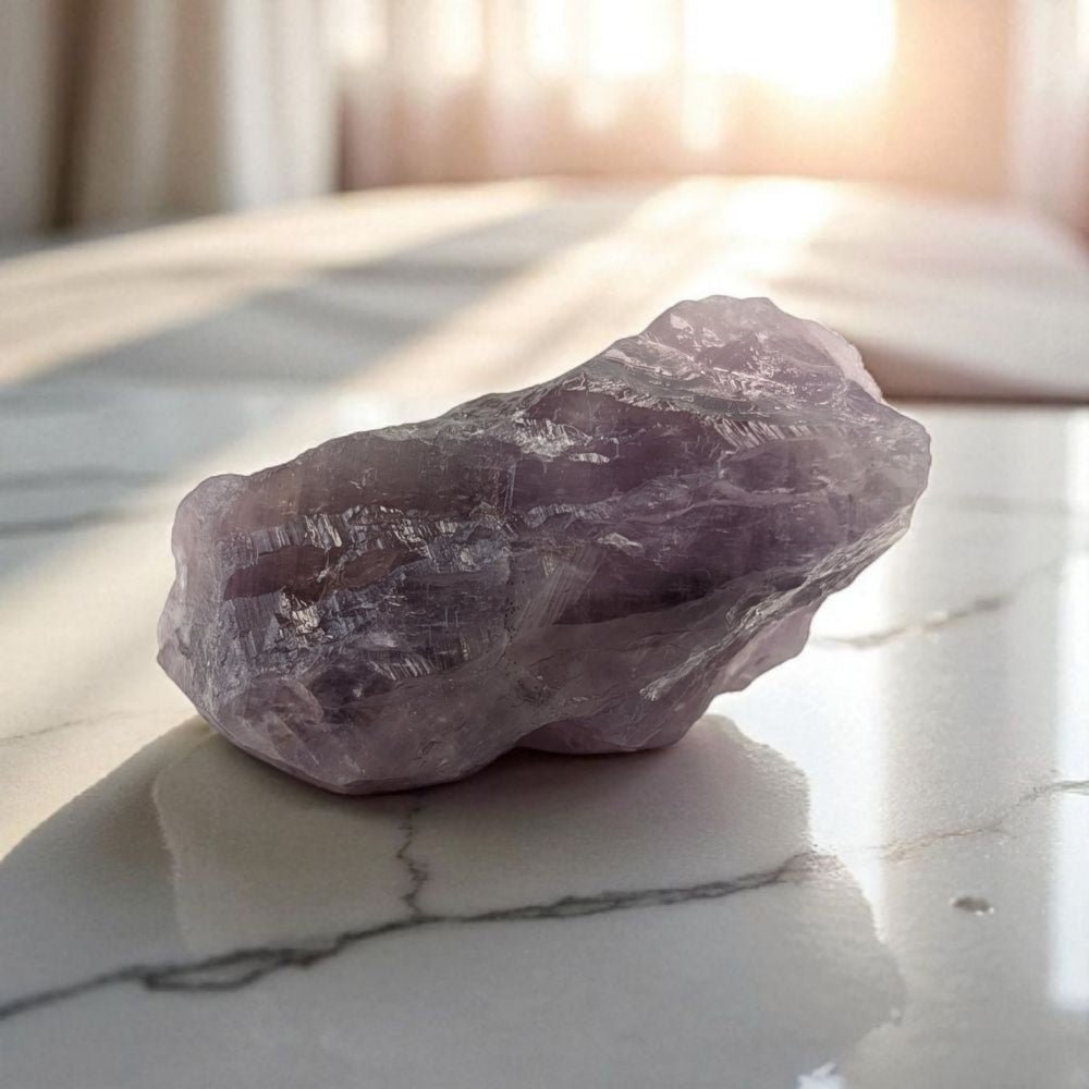 Raw amethyst crystal on a marble surface with soft lighting