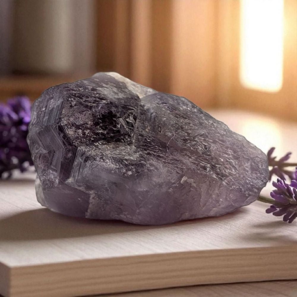 Raw amethyst crystal on a wooden surface with blurred background