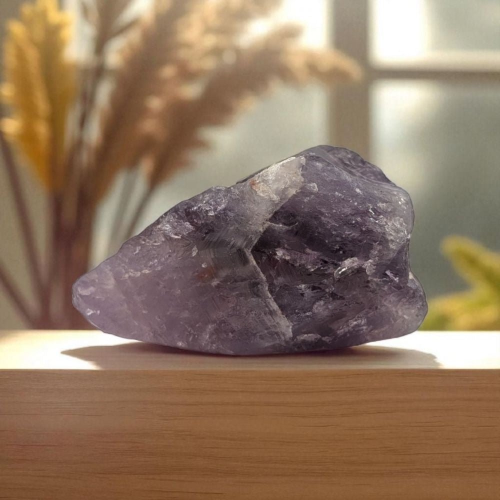 Raw amethyst crystal on a wooden surface with blurred plants in the background
