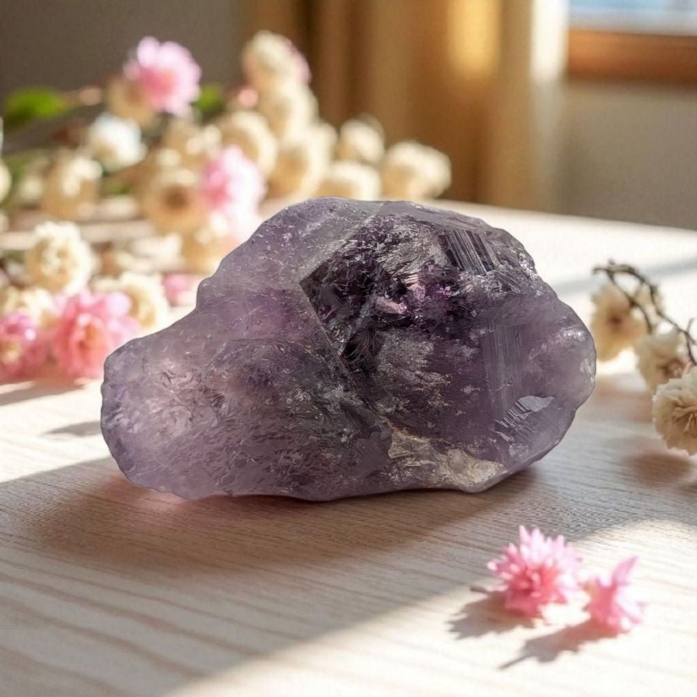 Purple crystal on a wooden surface with blurred flowers in the background