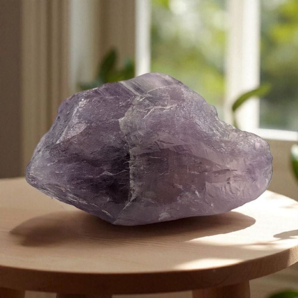 Large purple crystal on a wooden surface with a blurred indoor background