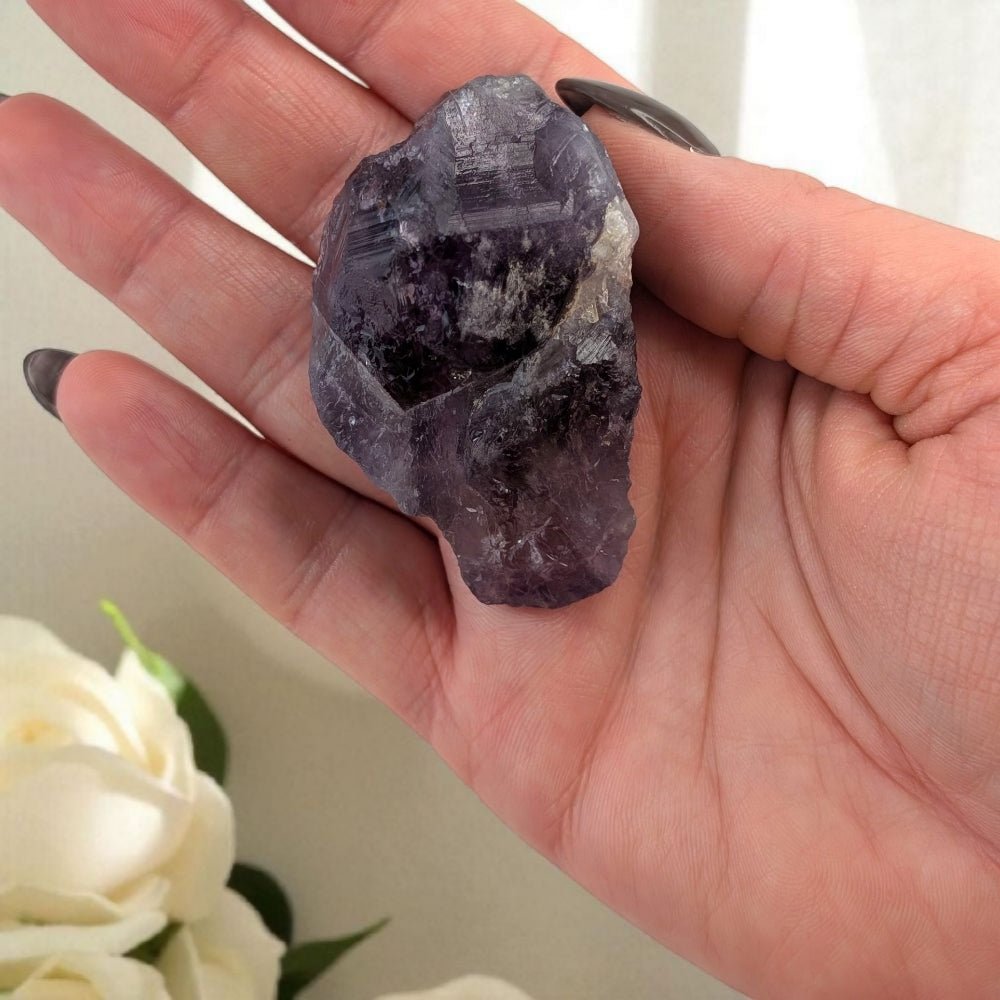 Hand holding a purple crystal with white flowers in the background