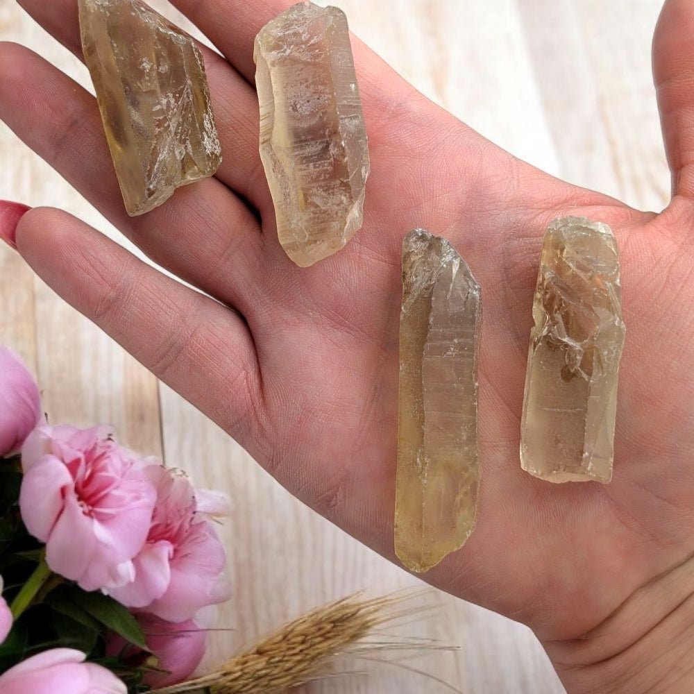 Hand holding citrine crystal points with pink flowers in the background