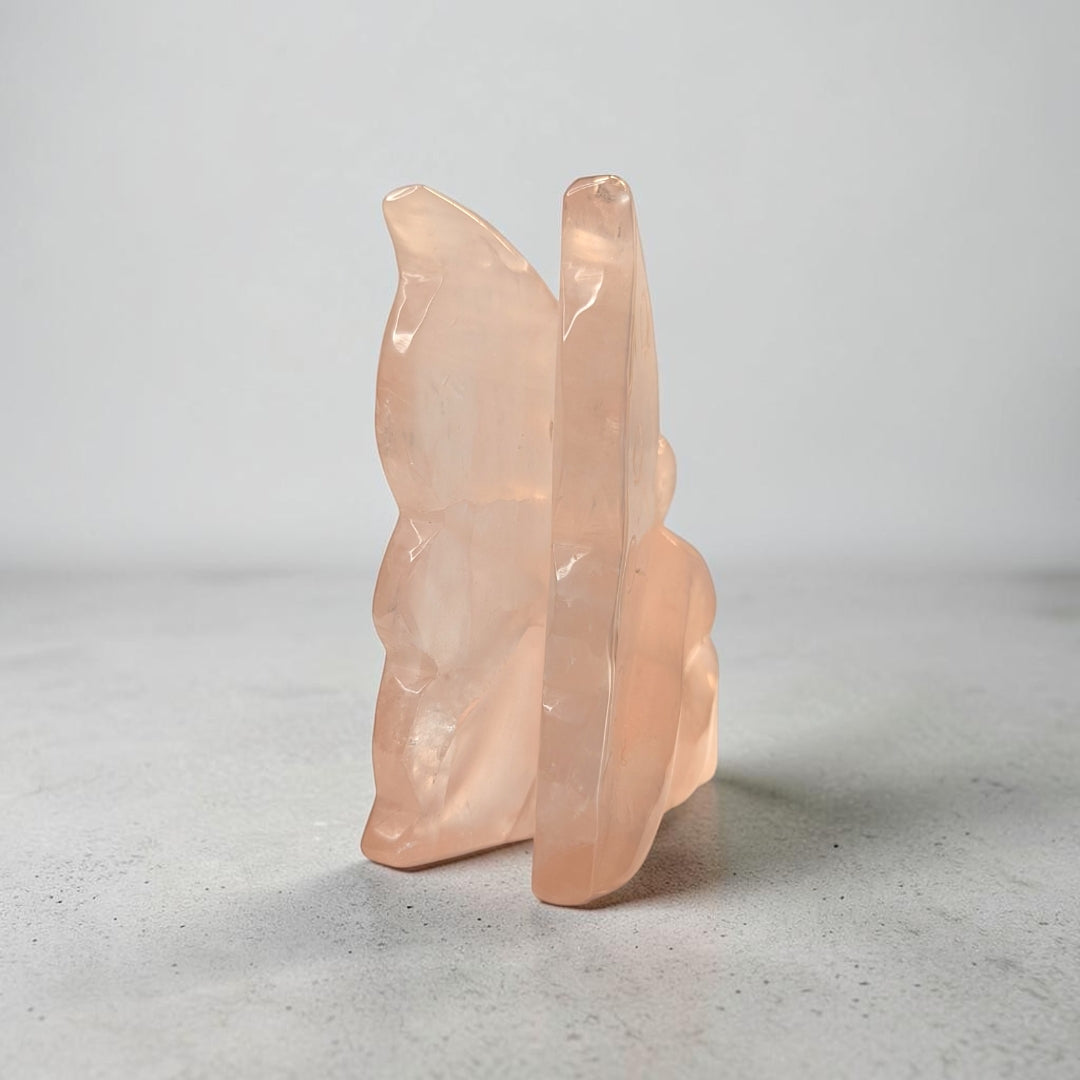 Rose quartz crystal fairy carving, 435 grams, 4 by 1.5 by 3.5 inches, soft pink rose quartz