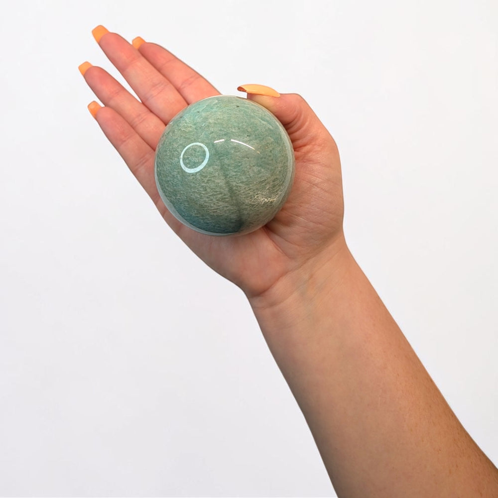 Amazonite crystal sphere, 405 grams, 2.5 inch round, sage green with white veining