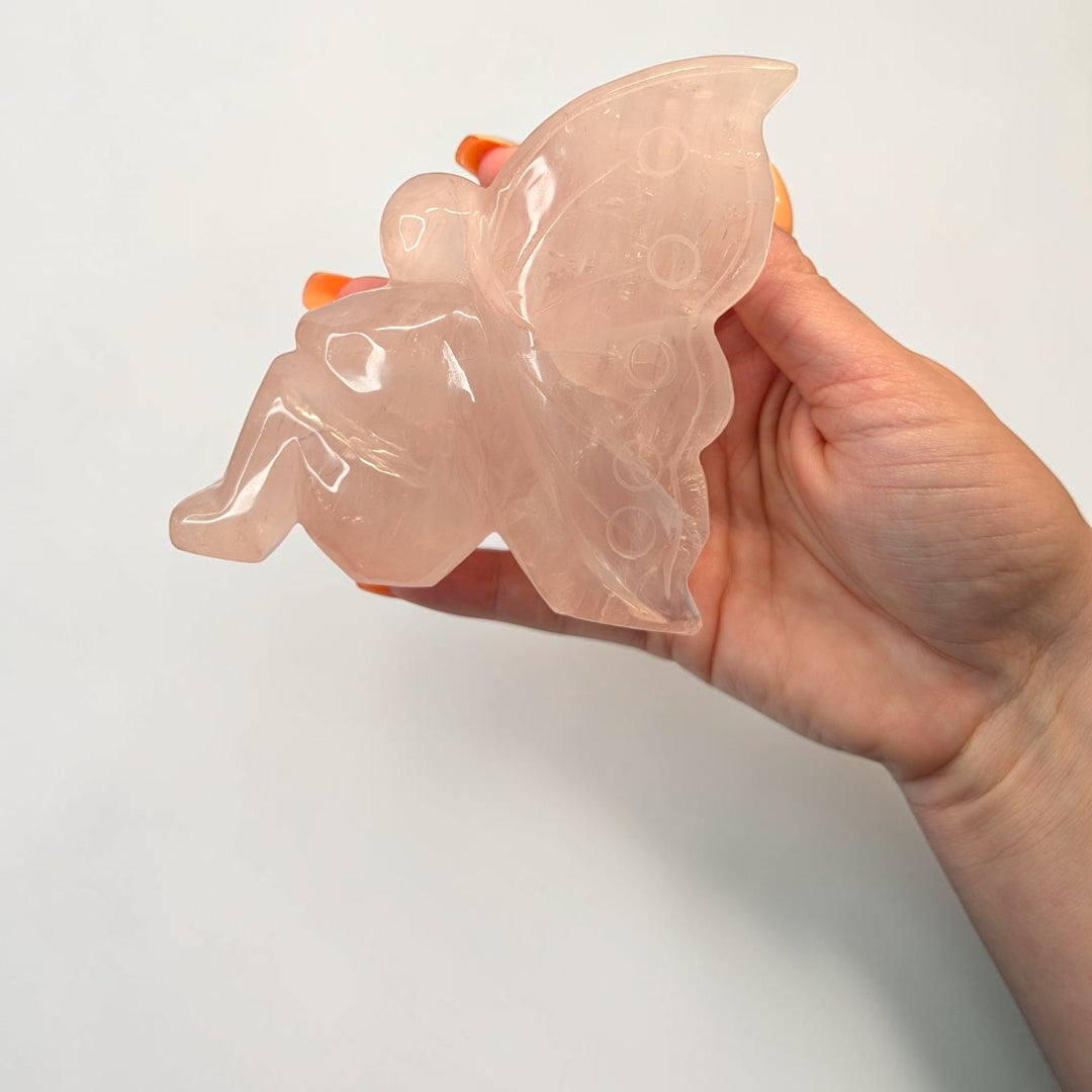 Rose quartz crystal fairy carving, 435 grams, 4 by 1.5 by 3.5 inches, soft pink rose quartz