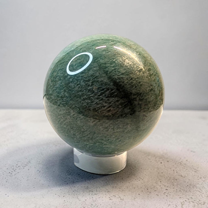 Amazonite crystal sphere, 405 grams, 2.5 inch round, sage green with white veining