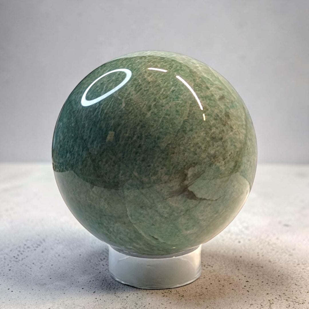 Amazonite crystal sphere, 405 grams, 2.5 inch round, sage green with white veining