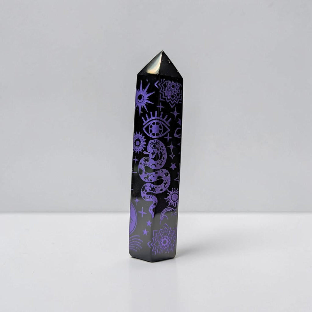 Black Obsidian Purple Engraved Tower