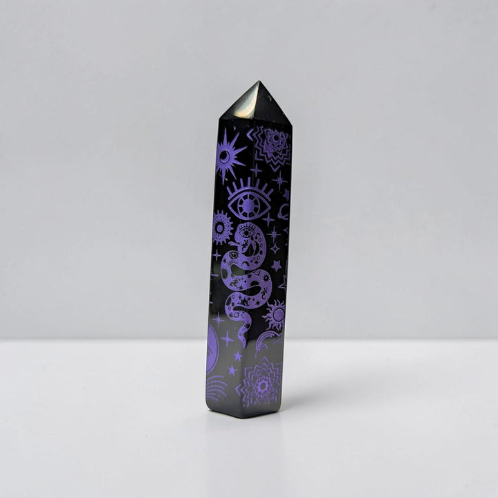 Black Obsidian Purple Engraved Tower