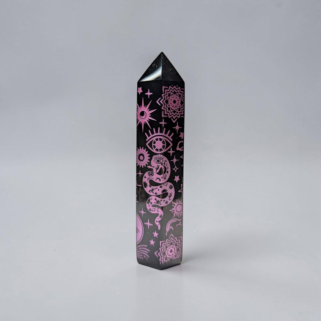 Black Obsidian Pink Engraved Tower