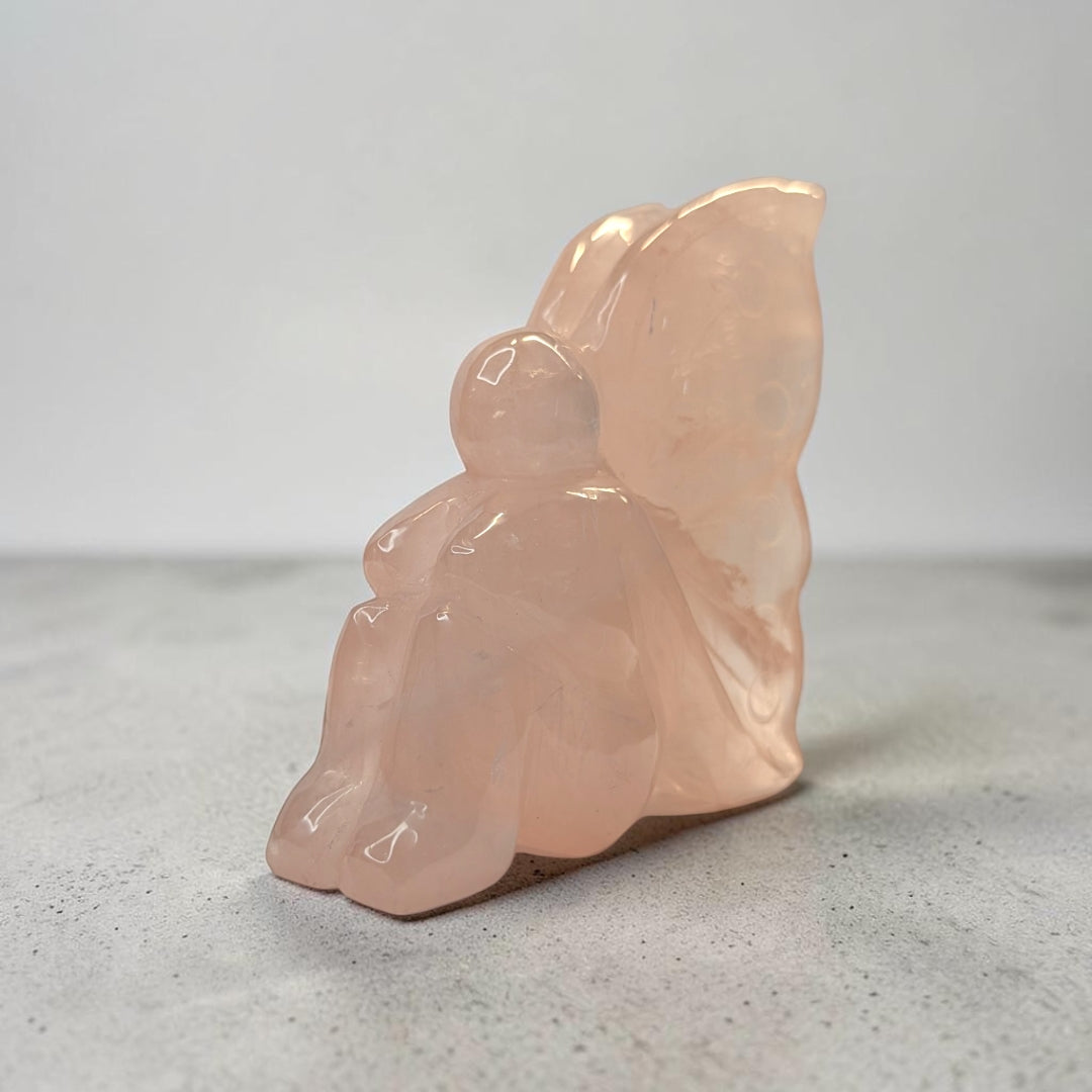 Rose quartz crystal fairy carving, 435 grams, 4 by 1.5 by 3.5 inches, soft pink rose quartz