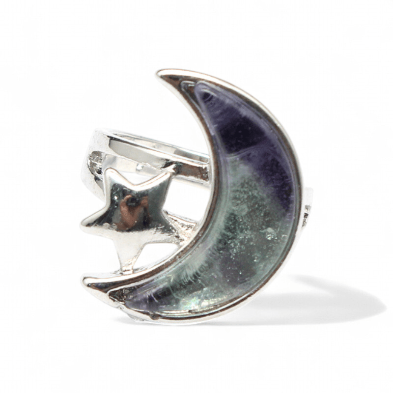 Fluorite Moon and Star Ring — Fluorite crystal ring — Zen Collection metaphysical store Barrie Ontario