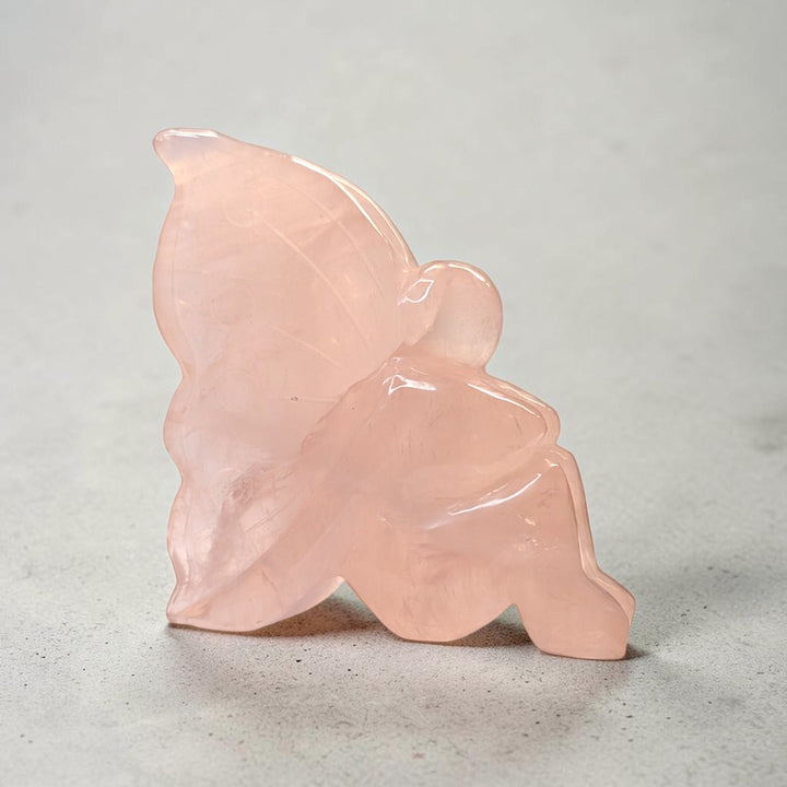 Rose quartz crystal fairy carving, 435 grams, 4 by 1.5 by 3.5 inches, soft pink rose quartz