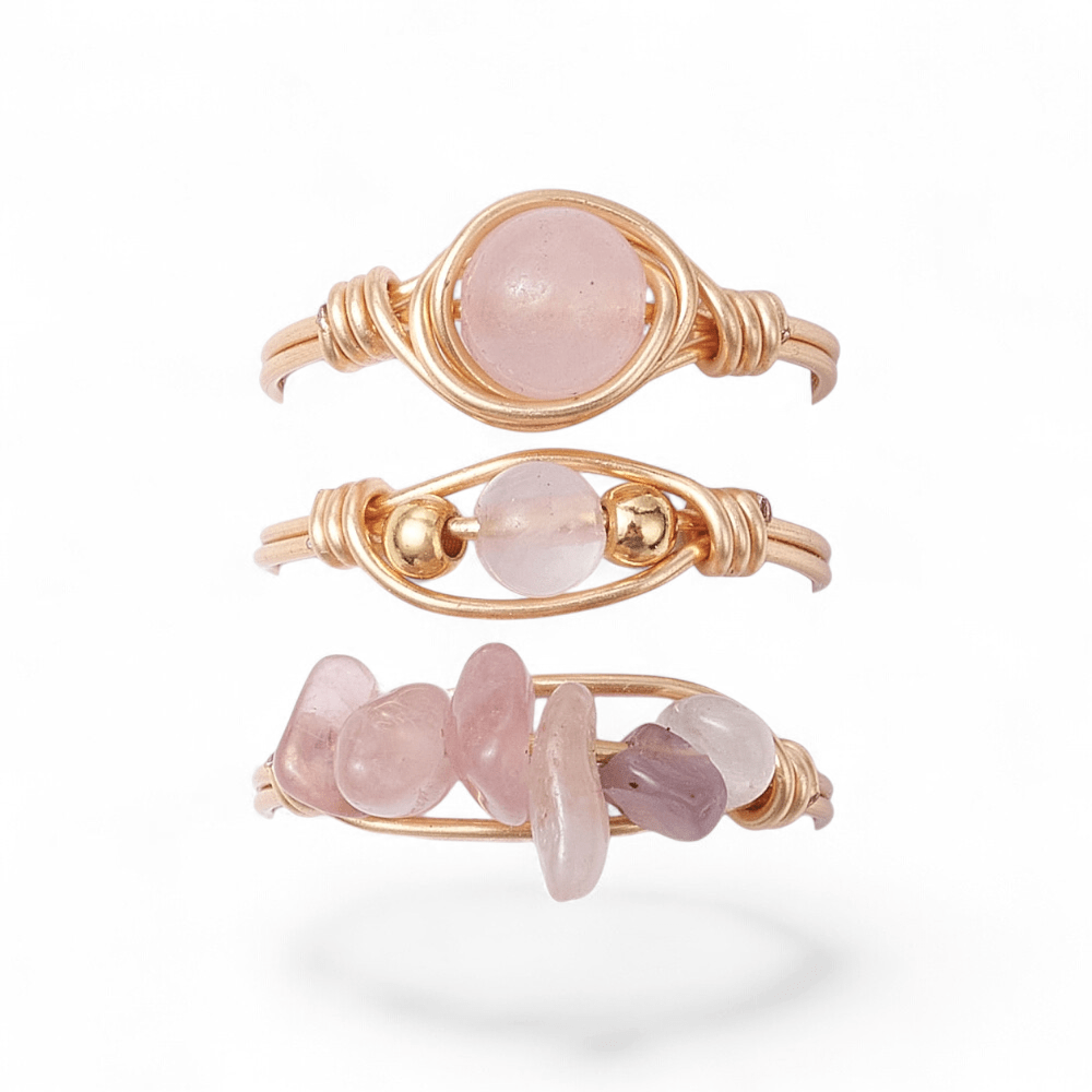 Set of 3 Wire Wrapped Rings — Amethyst, Green Aventurine, Rose Quartz crystal ring — Zen Collection metaphysical store Barrie Ontario