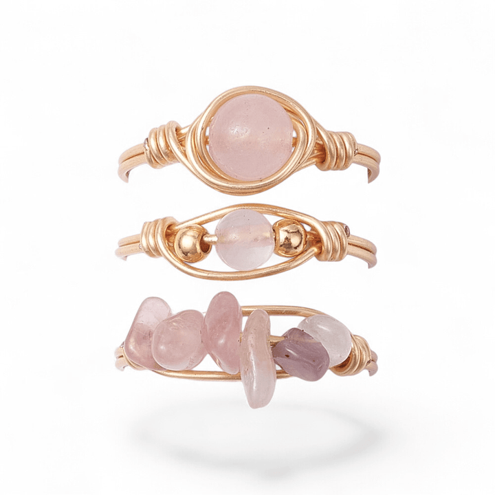 Set of 3 Wire Wrapped Rings — Amethyst, Green Aventurine, Rose Quartz crystal ring — Zen Collection metaphysical store Barrie Ontario