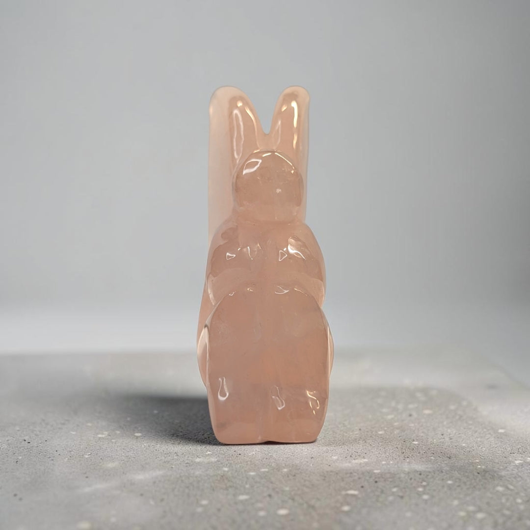 Rose quartz crystal fairy carving, 435 grams, 4 by 1.5 by 3.5 inches, soft pink rose quartz