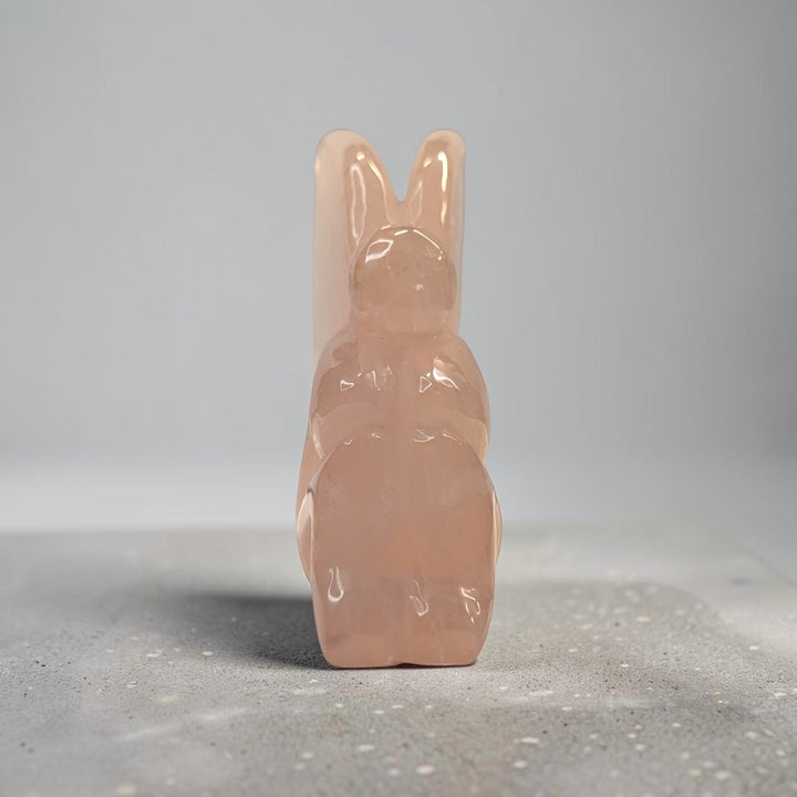 Rose quartz crystal fairy carving, 435 grams, 4 by 1.5 by 3.5 inches, soft pink rose quartz