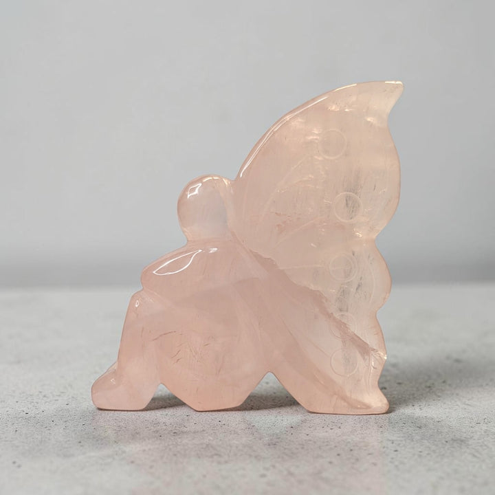 Rose quartz crystal fairy carving, 435 grams, 4 by 1.5 by 3.5 inches, soft pink rose quartz