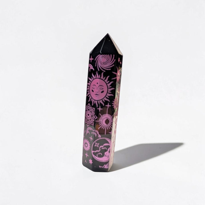 Black Obsidian Pink Engraved Tower