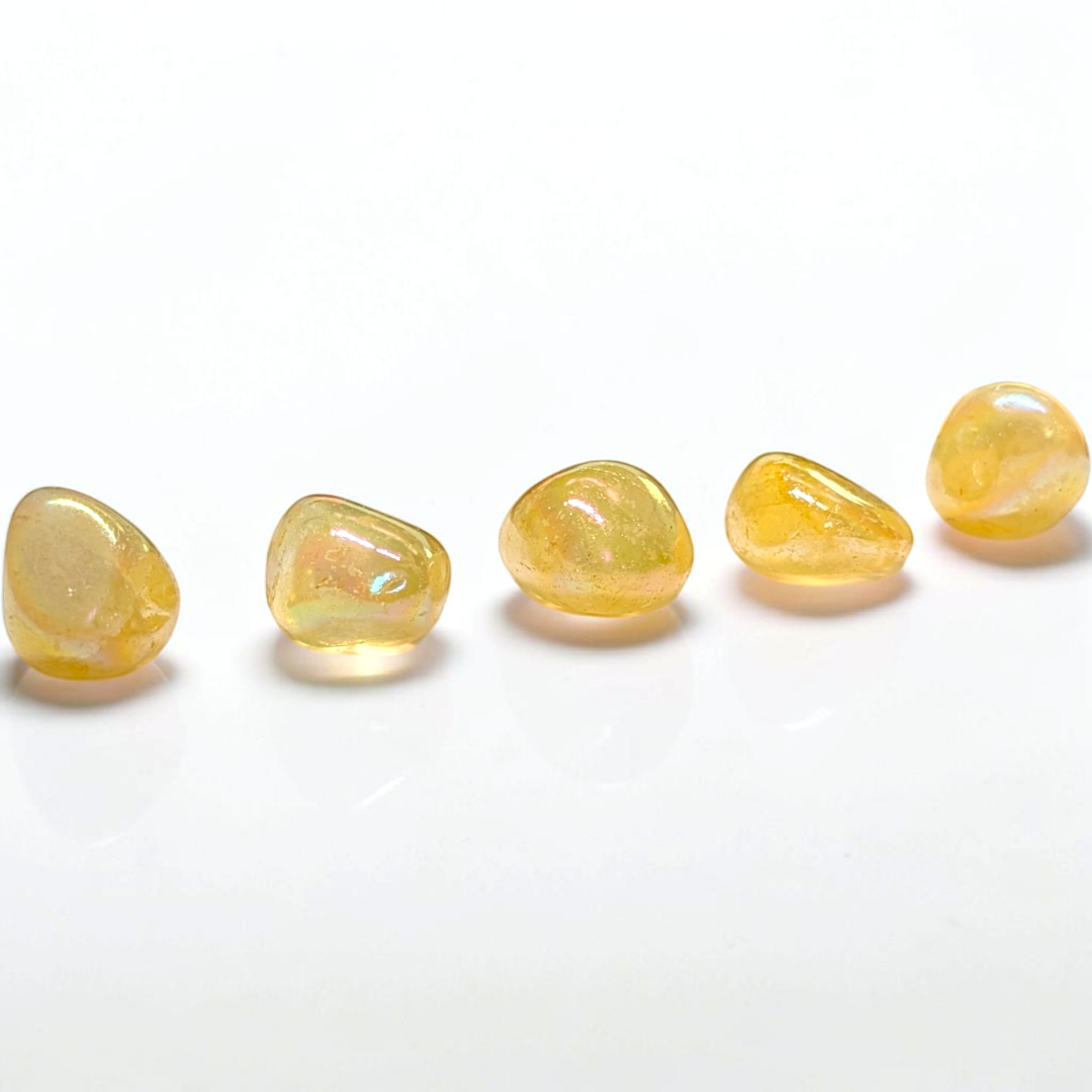 Polished Yellow Aura Quartz tumbled pocket stone for confidence and motivation