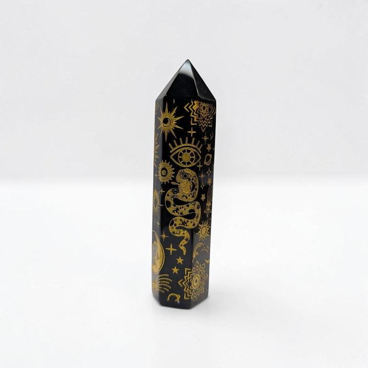 Black Obsidian Engraved Tower