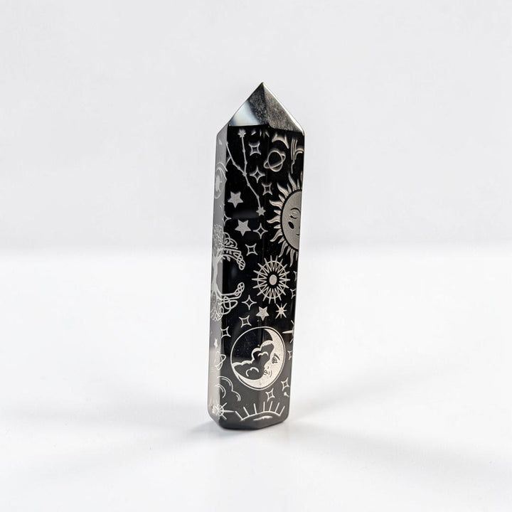 Black Obsidian Silver Engraved Tower