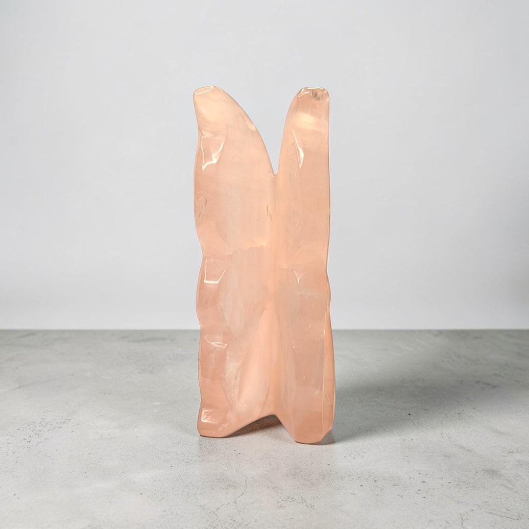 Rose quartz crystal fairy carving, 435 grams, 4 by 1.5 by 3.5 inches, soft pink rose quartz
