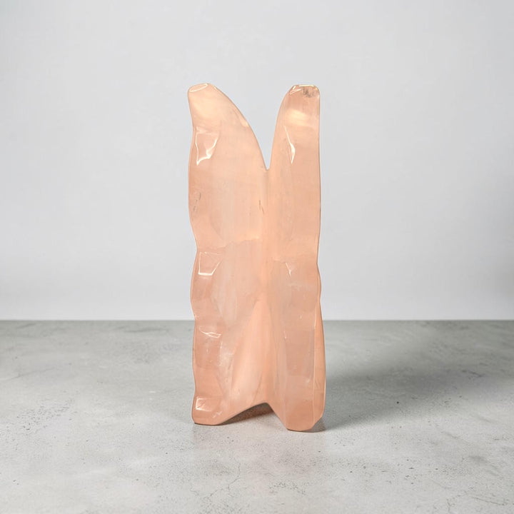 Rose quartz crystal fairy carving, 435 grams, 4 by 1.5 by 3.5 inches, soft pink rose quartz