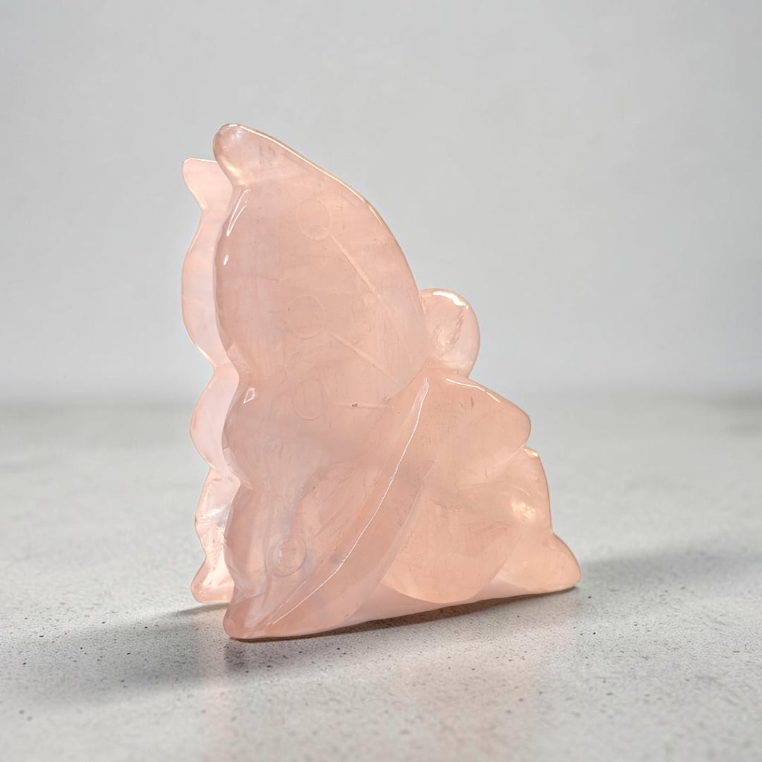 Rose quartz crystal fairy carving, 435 grams, 4 by 1.5 by 3.5 inches, soft pink rose quartz