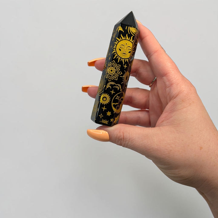 Black Obsidian Engraved Tower