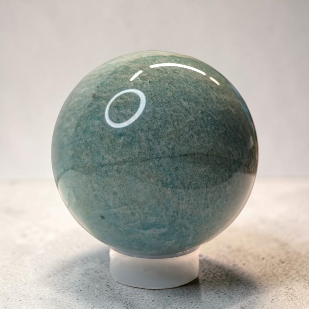 Amazonite crystal sphere, 405 grams, 2.5 inch round, sage green with white veining