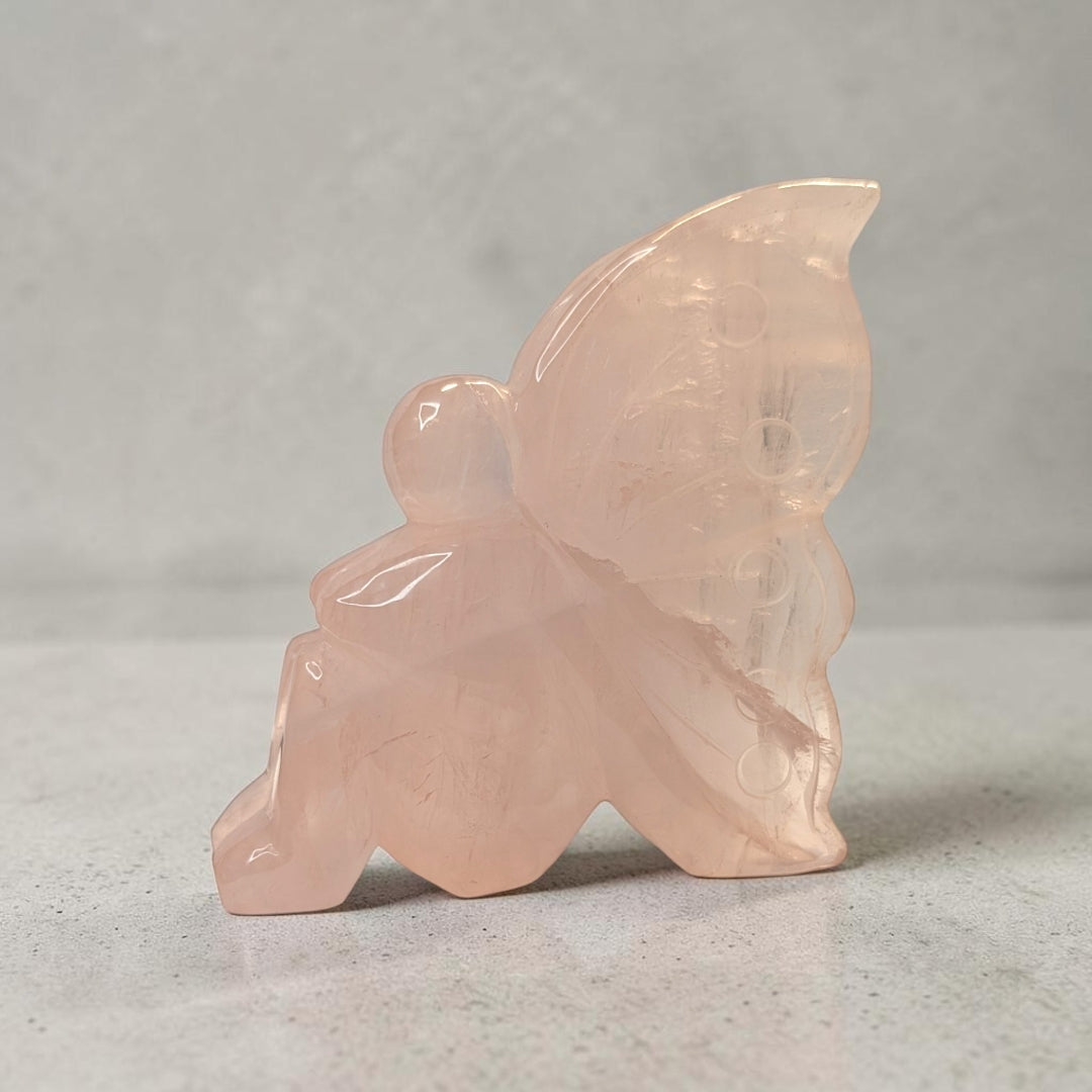 Rose quartz crystal fairy carving, 435 grams, 4 by 1.5 by 3.5 inches, soft pink rose quartz