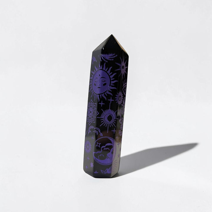 Black Obsidian Purple Engraved Tower