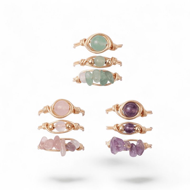 Set of 3 Wire Wrapped Rings — Amethyst, Green Aventurine, Rose Quartz crystal ring — Zen Collection metaphysical store Barrie Ontario