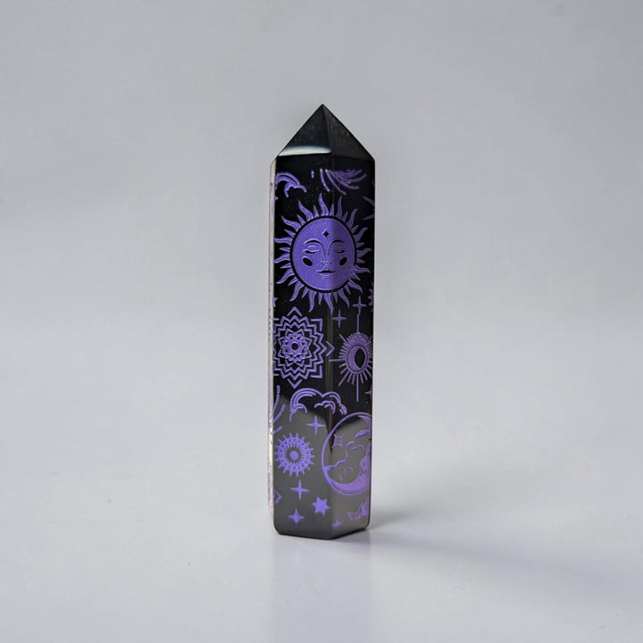 Black Obsidian Purple Engraved Tower