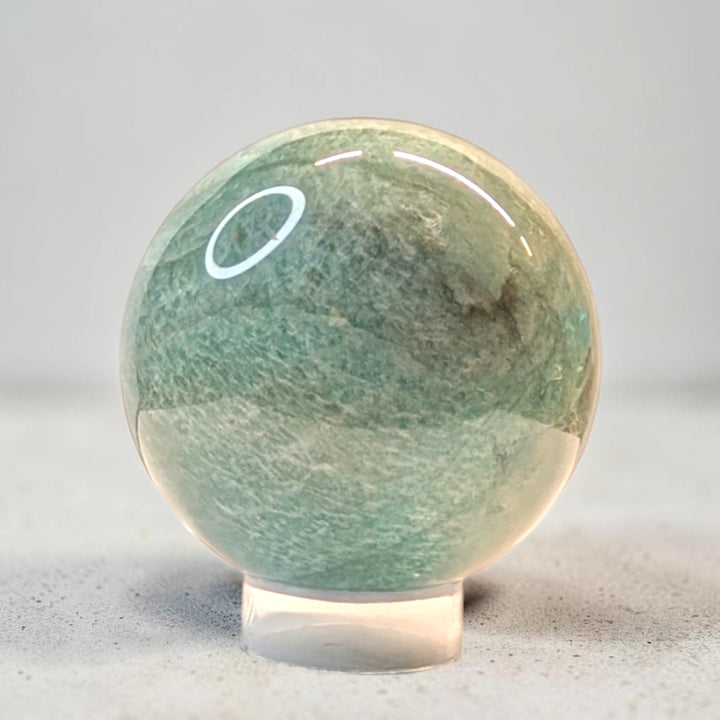 Amazonite crystal sphere, 405 grams, 2.5 inch round, sage green with white veining