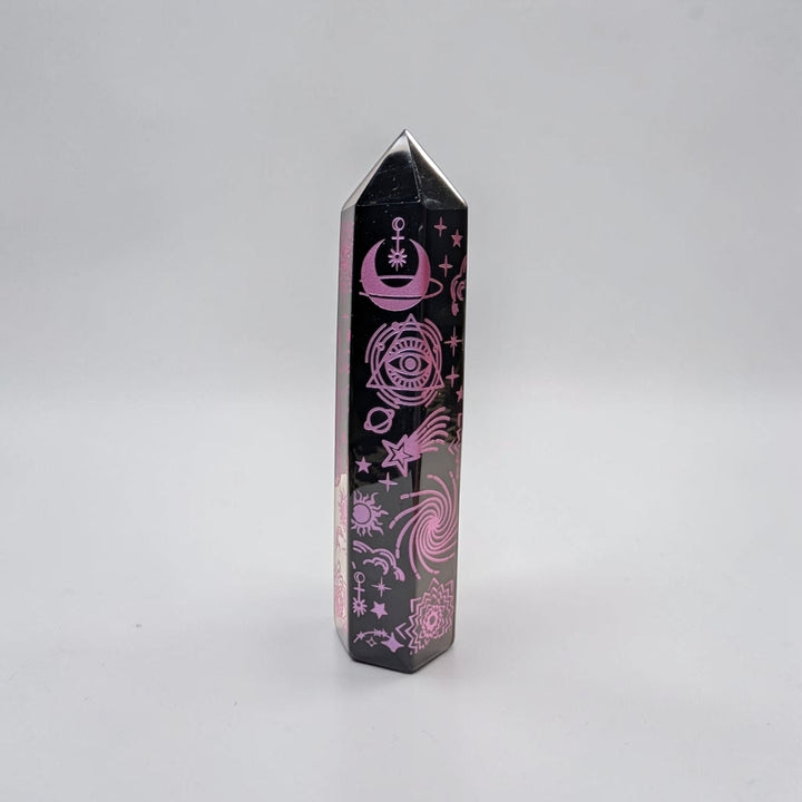 Black Obsidian Pink Engraved Tower