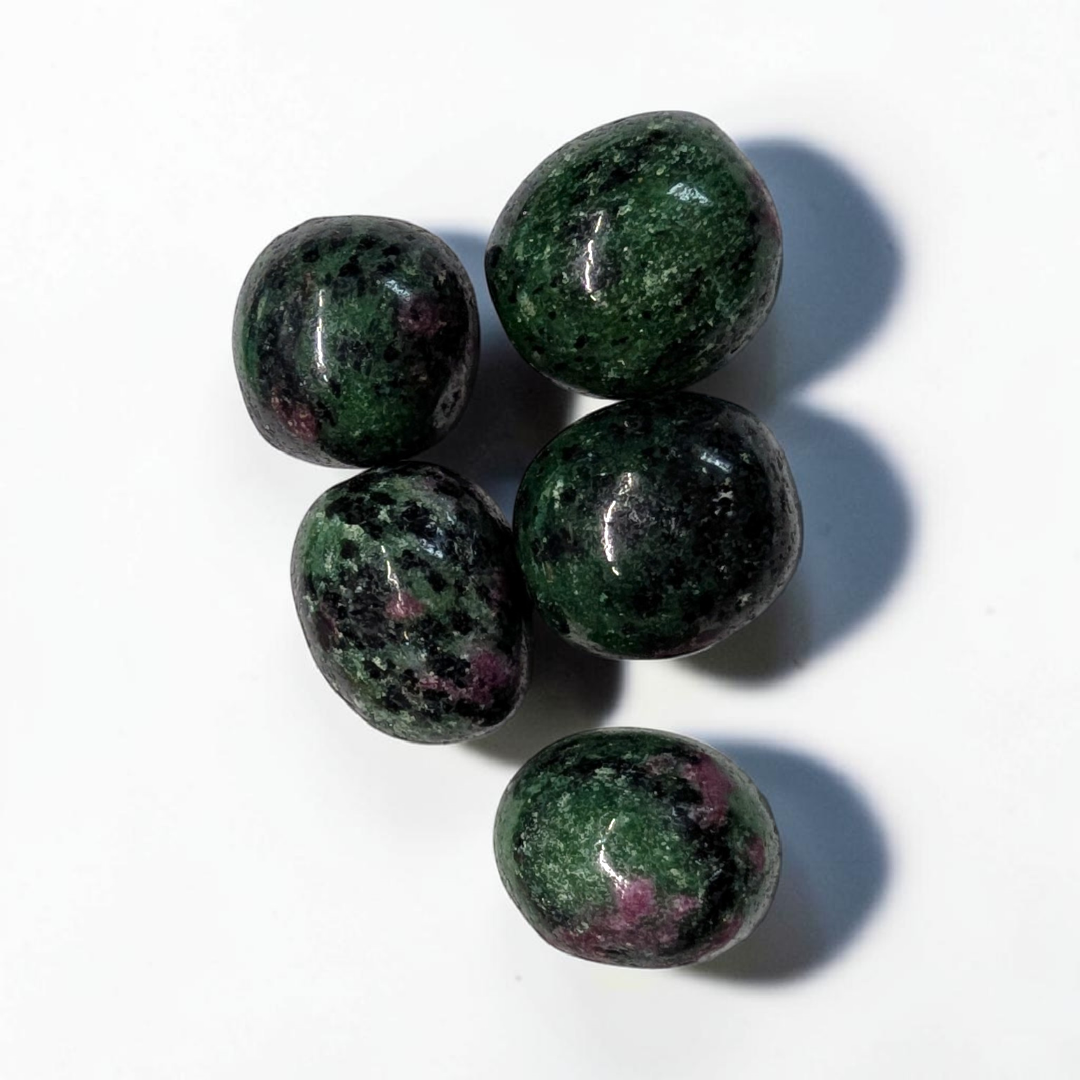 Smooth tumbled Ruby Zoisite pocket stone with green zoisite and red ruby inclusions