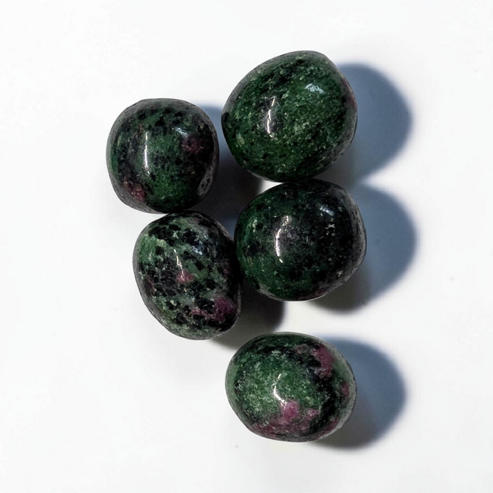 Smooth tumbled Ruby Zoisite pocket stone with green zoisite and red ruby inclusions