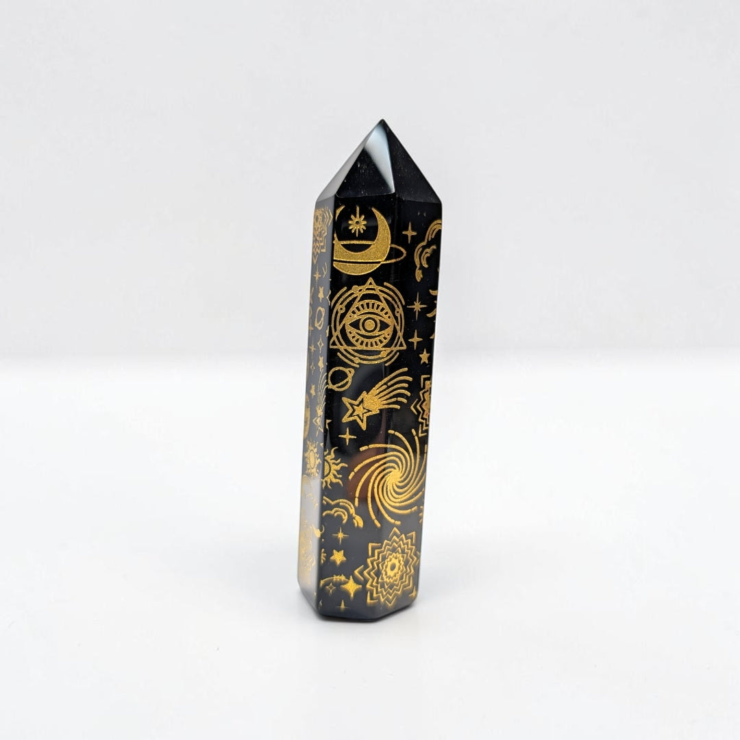 Black Obsidian Engraved Tower