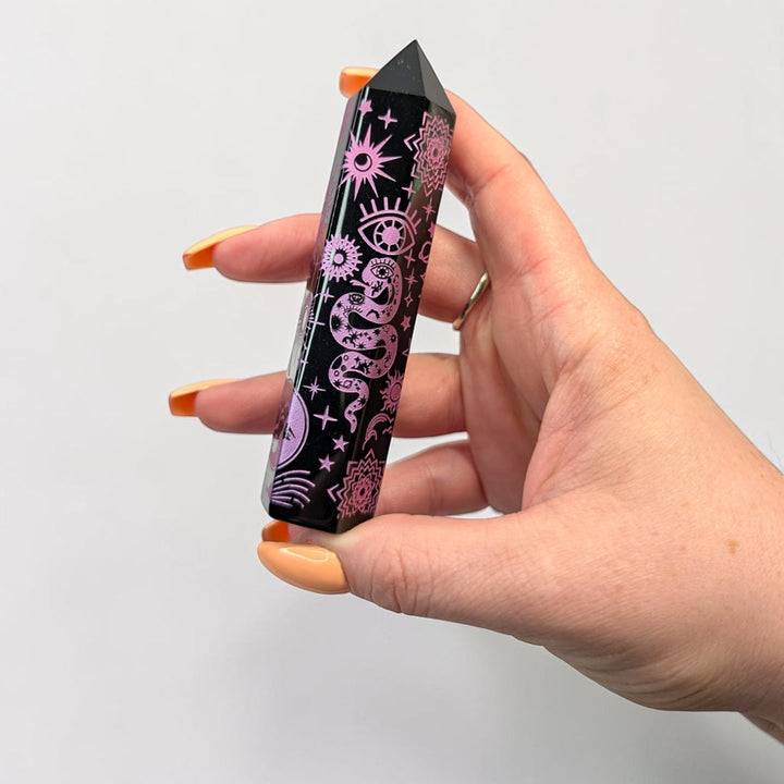 Black Obsidian Pink Engraved Tower