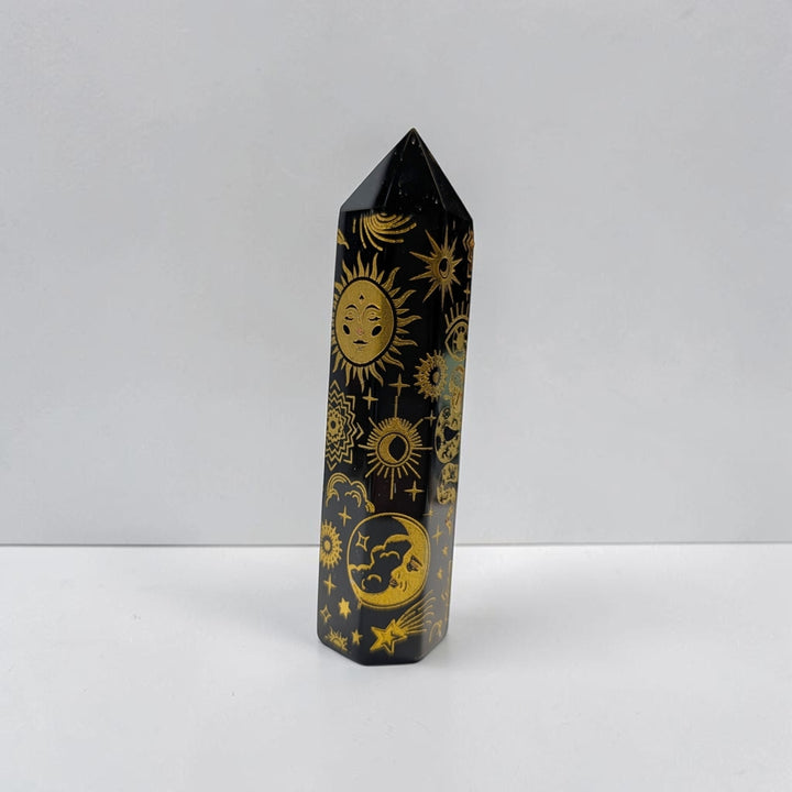 Black Obsidian Engraved Tower
