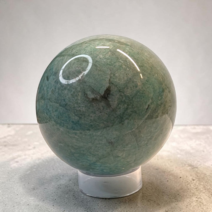 Amazonite crystal sphere, 405 grams, 2.5 inch round, sage green with white veining