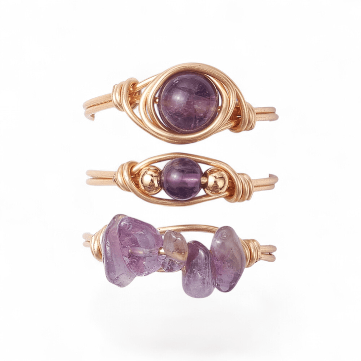 Set of 3 Wire Wrapped Rings — Amethyst, Green Aventurine, Rose Quartz crystal ring — Zen Collection metaphysical store Barrie Ontario