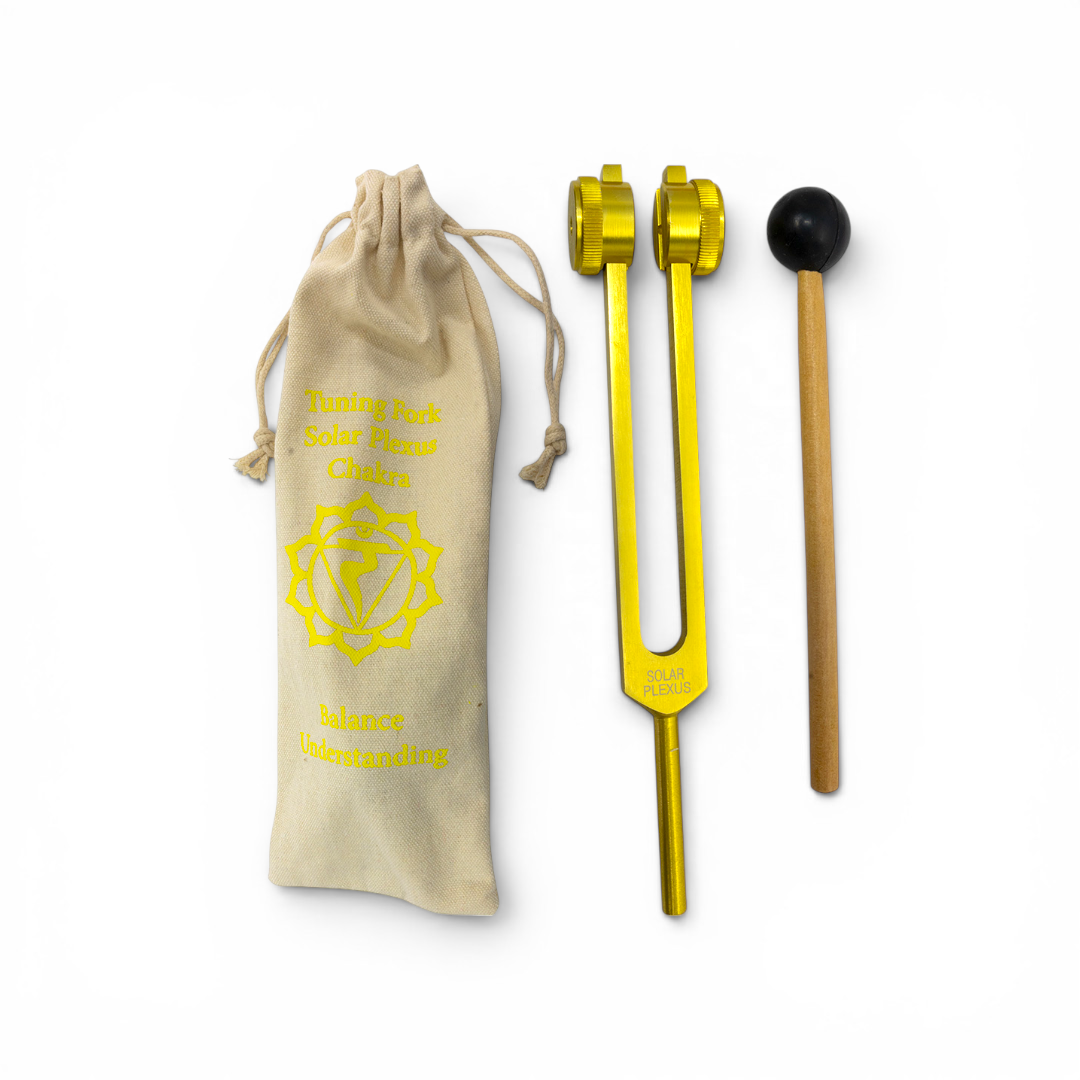 Yellow aluminum Solar Plexus Chakra tuning fork at 126.22 Hz with wooden mallet and linen drawstring pouch