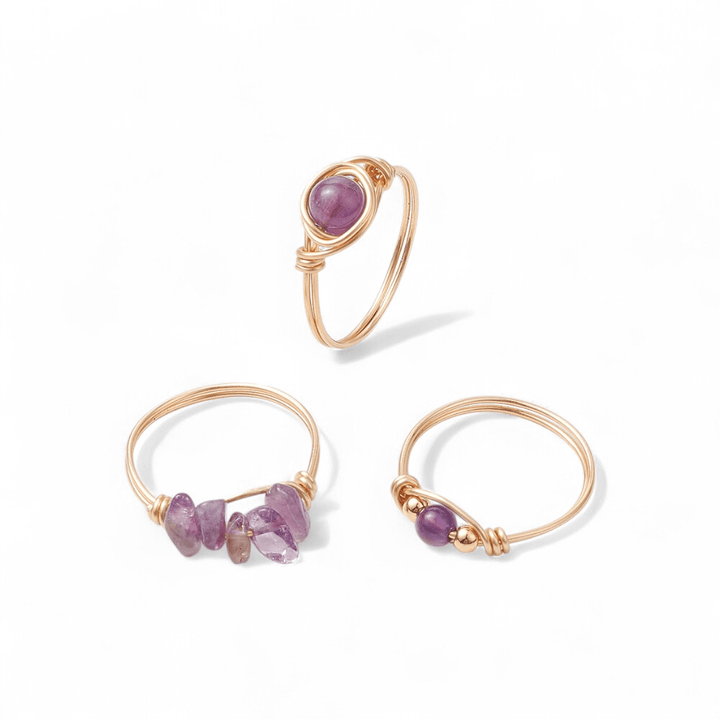 Set of 3 Wire Wrapped Rings — Amethyst, Green Aventurine, Rose Quartz crystal ring — Zen Collection metaphysical store Barrie Ontario