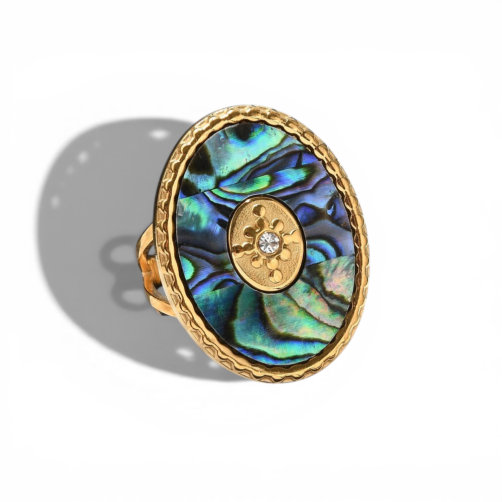 304 Stainless Steel Paua Shell Ring - Detail view | Crystal Shop Barrie Ontario